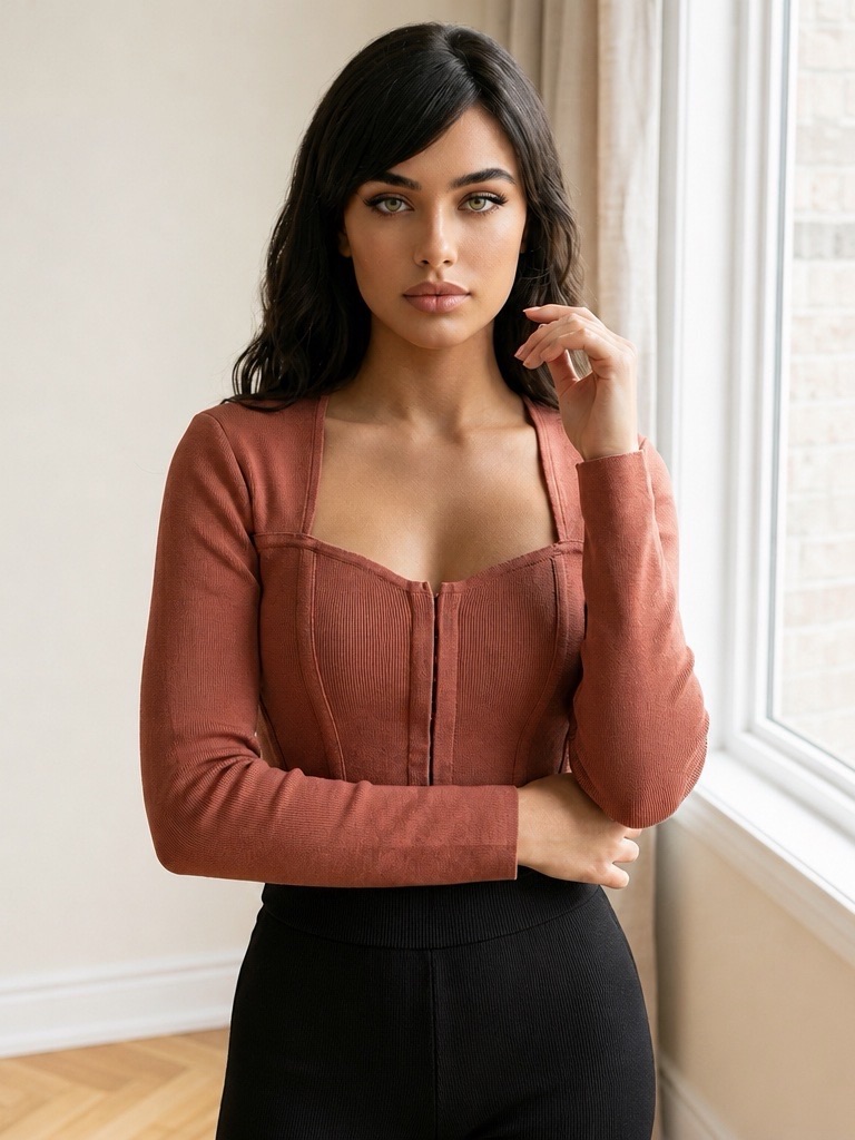 Women’s Express Square Neck Long Sleeve Ribbed Top In Rust Size Xs Euc